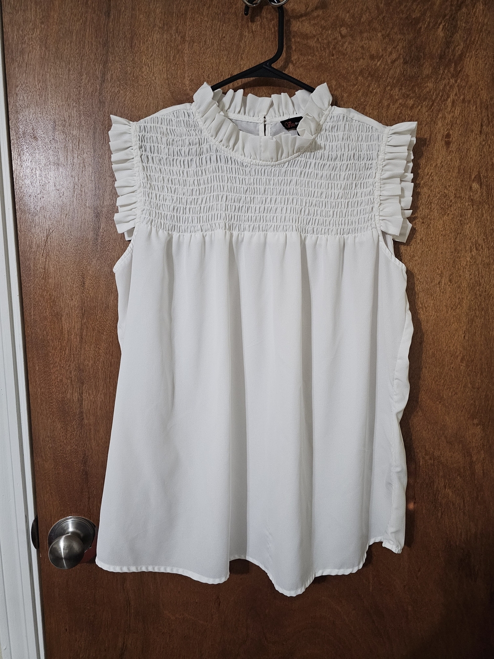 Smocked Ruffle-Neck White Sleeveless Camisole